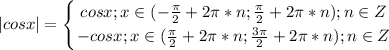 \displaystyle |cosx|=\left \{ {{cosx; x \in (-\frac{\pi}{2}+2\pi*n; \frac{\pi }{2}+2\pi*n)}; n \in Z\atop {- cosx; x \in (\frac{\pi}{2}+2\pi*n; \frac{3\pi}{2}+2\pi*n); n \in Z}} \right.