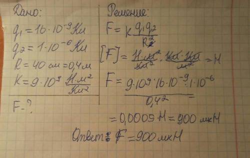 Скакой силой взаимодействуют два заряда 16 нкл и 1 мккл, находясь на расстоянии 40 см друг от друга?