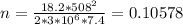 n=\frac{18.2*508^{2}}{2*3*10^6*7.4}= 0.10578