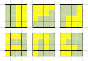 6различных разрезания квадрата, состоящего из 16 клеток на две равные части,если размеры можно делат