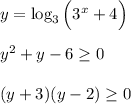 y=\log_3\Big(3^x+4\Big)\\\\y^2 +y - 6\geq 0\\\\(y+3)(y-2)\geq 0