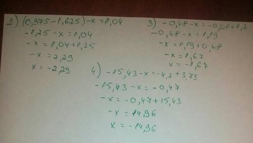 2) (0,375 - 1,625) - x = 1,04; 3) -0,48 - x = -0,01 + 1,2; 4) -15,43 - x = -4,2 + 3,73.​