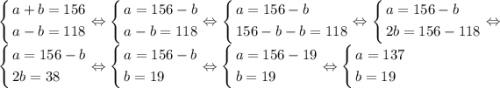 \[\left\{\begin{gathered}a+b=156\hfill \\a-b=118 \hfill \\\end{gathered}\right.\Leftrightarrow \left\{\begin{gathered}a=156-b\hfill\\a-b=118\hfill\\\end{gathered}\right.\Leftrightarrow \left\{\begin{gathered}a=156-b\hfill \\156-b-b=118\hfill\\\end{gathered}\right.\Leftrightarrow \left\{\begin{gathered}a=156-b\hfill \\2b=156-118\hfill\\\end{gathered}\right.\Leftrightarrow \left\{\begin{gathered}a=156-b\hfill\\2b=38\hfill\\\end{gathered}\right.\Leftrightarrow \left\{\begin{gathered}a=156-b\hfill\\b=19\hfill\\\end{gathered}\right.\Leftrightarrow \left\{\begin{gathered}a=156-19\hfill\\b=19\hfill\\\end{gathered}\right.\Leftrightarrow\left\{\begin{gathered}a=137\hfill\\b=19\hfill \\\end{gathered}\right.\]