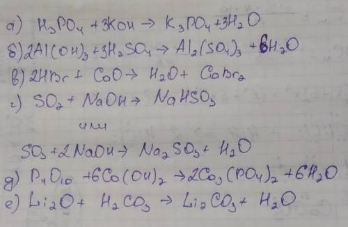 Напишите уравнения реакций между следующими веществами.а) h₃po₄ + koh; б) al(oh)₃ + h₂so₄; в) hbr +