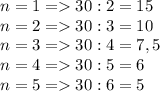 n=1=30:2=15\\n=2=30:3=10\\n=3=30:4=7,5\\n=4=30:5=6\\n=5=30:6=5