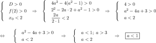 \begin{cases}&\text{}D0\\&\text{}f(2)0\\&\text{}x_00\\&\text{}2^2-2a\cdot 2+a^2-10\\&\text{}\dfrac{2a}{2\cdot 1}0\\&\text{}a^2-4a+30\\&\text{}a0\\&\text{}a