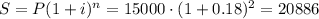 S=P(1+i)^n=15000\cdot (1+0.18)^2=20886