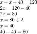 x + x + 40 = 120 \\ 2x = 120 - 40 \\ 2x = 80 \\ x = 80 \div 2 \\ x = 40 \\ 40 + 40 = 80