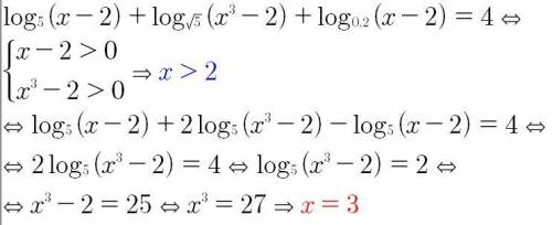 log_{5}(x-2)+log_{\sqrt{5} }(x^{3} -2)+log_{0,2}(x-2)=4