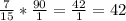 \frac{7}{15} *\frac{90}{1} =\frac{42}{1} =42