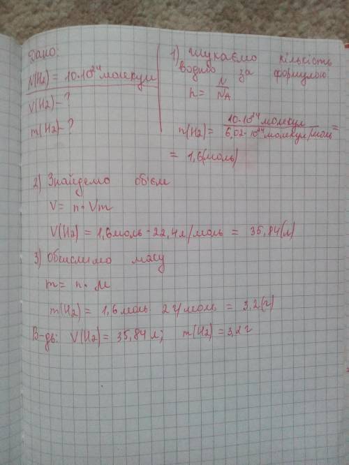 Визначте об'єм та масу 10 молекул водню​