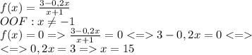 f(x)=\frac{3-0,2x}{x+1}\\OOF:x\neq -1\\f(x)=0=\frac{3-0,2x}{x+1}=03-0,2x=0\\0,2x=3=x=15