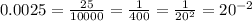 0.0025=\frac{25}{10000} =\frac{1}{400}=\frac{1}{20^{2} }=20^{-2}