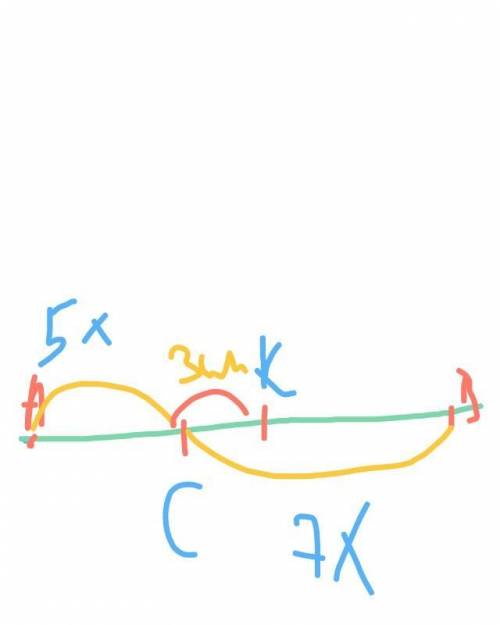 Точка с разбивает отрезок ав на две части, длины которых относятся как 5 : 7.расстояние от точки с д