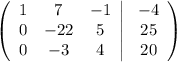 \left(\begin{array}{ccc}1&7&-1\\ 0&-22&5\\ 0&-3&4\end{array}\right|\left\begin{array}{ccc}-4\\25\\20\end{array}\right)