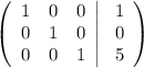 \left(\begin{array}{ccc}1&0&0\\ 0&1&0\\ 0&0&1\end{array}\right|\left\begin{array}{ccc}1\\0\\5\end{array}\right)