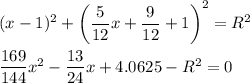 (x-1)^2+\left(\dfrac{5}{12}x+\dfrac{9}{12}+1\right)^2=R^2\\ \\ \dfrac{169}{144}x^2-\dfrac{13}{24}x+4.0625-R^2=0