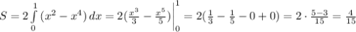 S=2\int\limits^1_0 {(x^2-x^4)} \, dx=2(\frac{x^3}{3}-\frac{x^5}{5})\bigg|^1_0=2(\frac{1}{3}-\frac{1}{5}-0+0)=2\cdot \frac{5-3}{15} =\frac{4}{15}