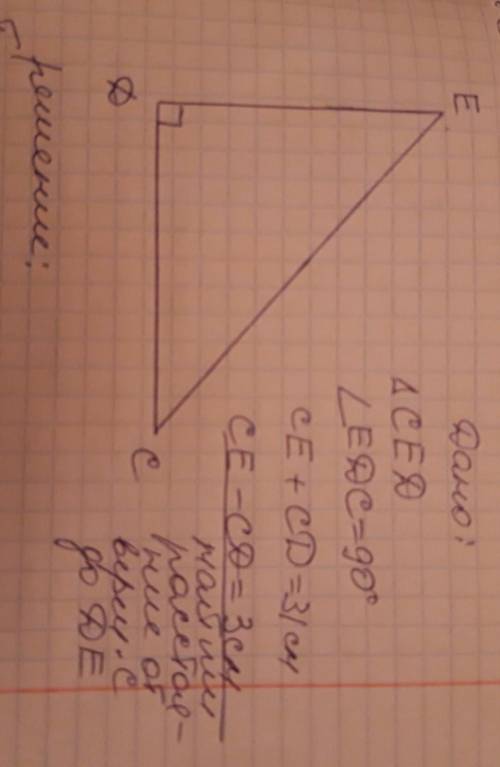 30 , ! сумма гипотенузы се и катета сd прямоугольного треугольника cde равна 31 см, а их разность 3