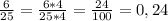 \frac{6}{25} = \frac{6 * 4}{25 * 4} = \frac{24}{100} = 0, 24