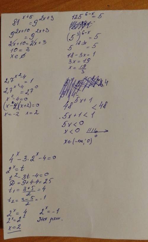 Решить что-нибудь 1) 81^x+5 =9^2x+32) 125^6-x =53) 2,7^x^2-4 =14) 5^x - 5^x-2 =245) 4^x - 3*2^x -4 =