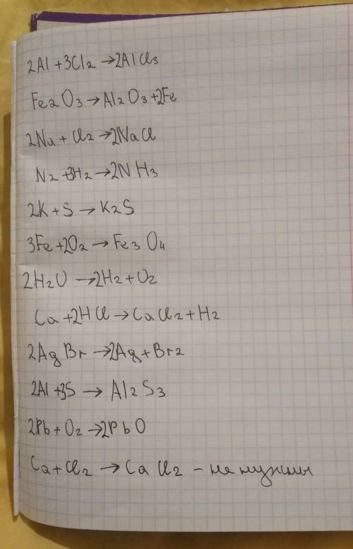 Расставьте коэффициенты al + cl2 → al cl3 fe2 o3 → al2 o3 + fe na + cl2 →na cl n2 + h2 → n h3 k