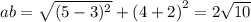 ab = \sqrt{(5 - 3) {}^{2} } + {(4 + 2)}^{2} = 2 \sqrt{10}