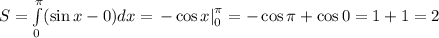 S=\int\limits_0^\pi(\sin x-0)dx=\left.-\cos x\right|_0^\pi=-\cos\pi+\cos0=1+1=2