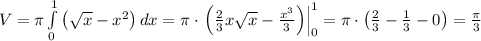 V=\pi\int\limits_0^1\left(\sqrt x-x^2\right)dx=\pi\cdot\left.\left(\frac23x\sqrt x-\frac{x^3}3\right)\right|_0^1=\pi\cdot\left(\frac23-\frac13-0\right)=\frac\pi3