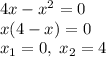 4x-x^2=0\\x(4-x)=0\\x_1=0,\;x_2=4