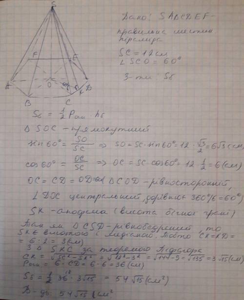 Бічне ребро правильної шестикутної піраміди дорівнює 12 см і утворює з площиною основи кут 60°. знай