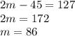 2m - 45 = 127 \\ 2m = 172 \\ m = 86