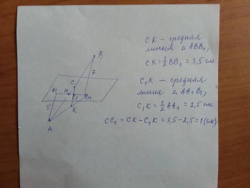 Точка с - середина отрезка ab, пересекающего плоскость альфа в точке м.через точки а, с и b проведен