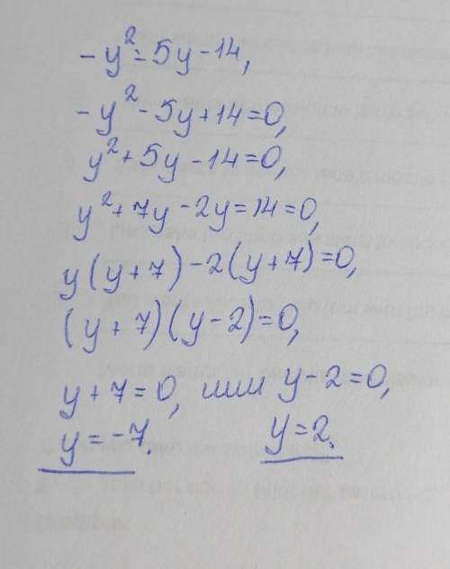 Решите квадратное уравнение: -y^2=5y-14​