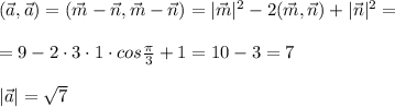 (\vec{a},\vec{a})=(\vec{m}-\vec{n},\vec{m}-\vec{n})=|\vec{m}|^2-2(\vec{m},\vec{n})+|\vec{n}|^2=\\\\=9-2\cdot 3\cdot 1\cdot cos\frac{\pi}{3}+1=10-3=7\\\\|\vec{a}|=\sqrt7