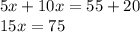 5x + 10x = 55 + 20 \\ 15x = 75