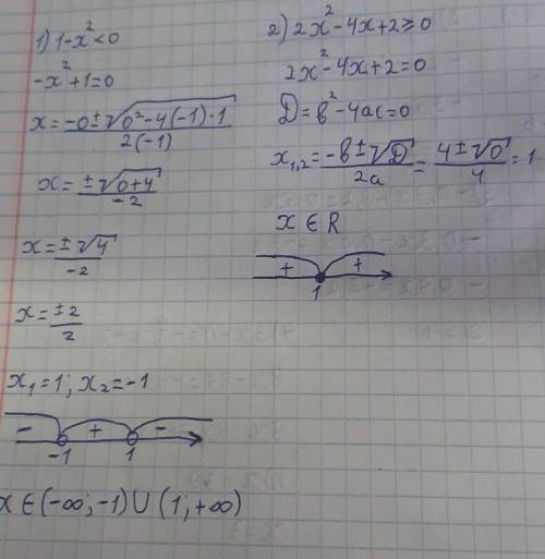 Решите неравенство с дискриминанта 1) 1-х^2< 0 2) 2х^2-4х+2≥0 3) 0,5х^2-2х≤0