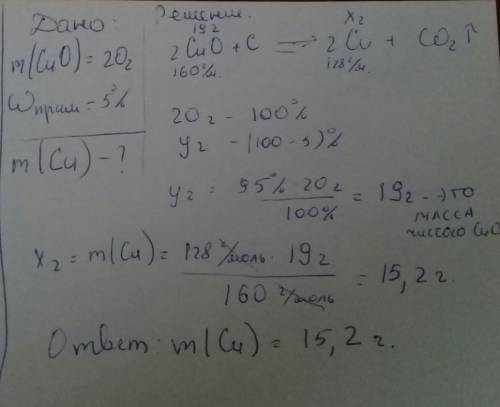 Вычислить массу меди полученной при восстановлении углем(с) 20г оксида меди (2) содержащего 5 % прим