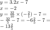 y = 3.2x - 7 \\x = - 2 \\ y = \frac{32}{10} \times ( - \frac{2}{1} ) - 7 = \\ - \frac{32}{5} - 7 = - 6\frac{2}{5} - 7 = \\ - 13 \frac{2}{5}