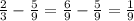 \frac{2}{3} -\frac{5}{9} =\frac{6}{9} -\frac{5}{9} =\frac{1}{9}