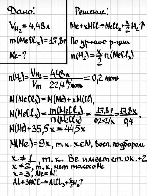 При розчиненні металу в надлишку hcl виділилось 4,48 л газу (н.у.) і утворились 17,8 г хлориду. який