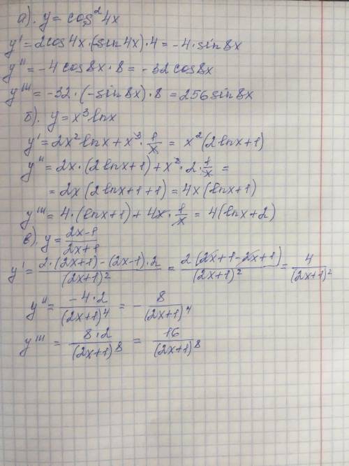 Найдите производные третьего порядка функций: а) y = cos^2 (4 x ); б) y = x^3 ln x ; в) y= (2x-1