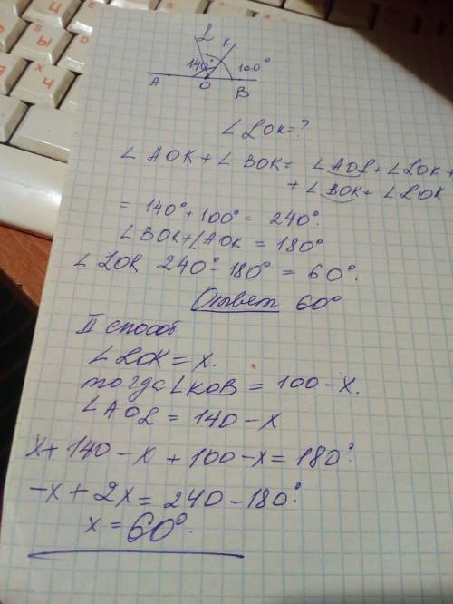 Нарисуйте ! розгорнутий кут aob поділено променями ok і ol на три частини. ∠aok = 140°; ∠bol = 100°