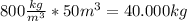 800\frac{kg}{m^{3} } *50m^{3} =40.000kg