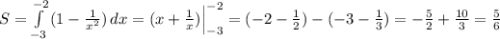 S=\int\limits^{-2}_{-3}\, (1-\frac{1}{x^2})\, dx=(x+\frac{1}{x})\Big |_{-3}^{-2}=(-2-\frac{1}{2})-(-3-\frac{1}{3})=-\frac{5}{2}+\frac{10}{3}=\frac{5}{6}