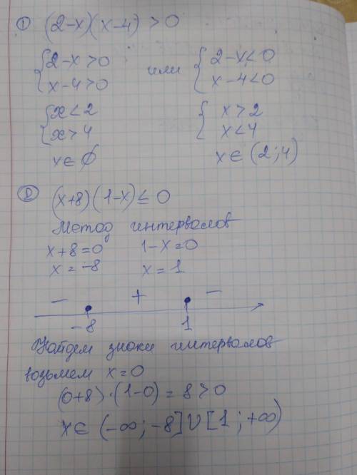 Решить неравенство 1) (2-х)(х-4)> 0 2) (х+8)(1-х) меньше или равно 0 3) 2х(х+3) больше или равно