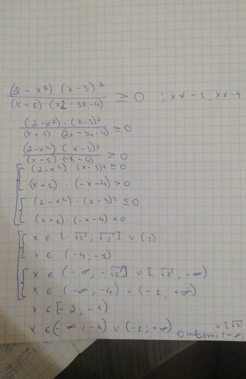 Решите в ! (2-x^2)(x-3)^2/(x+1)(x2-3x-4)больше или равно 0