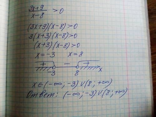 Решите методом интервалов дробь 3x+9 и x-8 > 0