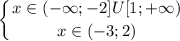 \displaystyle\\\left \{ {{x\in(-\infty;-2]U[1;+\infty)} \atop {x\in(-3;2)}} \right.\\\\\\