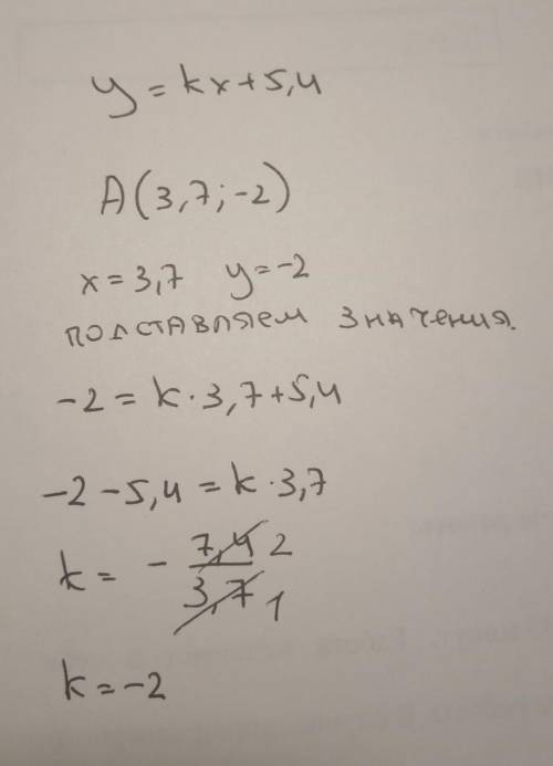 Известно, что график функции y=kx+5, 4 проходит через точку a (3,7 ; -2 ) . найдите коэффициент k.​